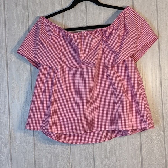 TOPSHOP Maggie Bardot Gingham Pink White Checkered Plaid Off the Shoulder SZ 8 - Picture 2 of 7